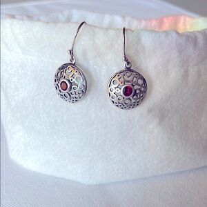 Elegant Silver Red Garnet Round Filigree Dangle Earrings